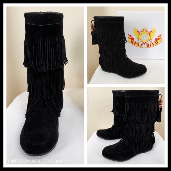 BLACK SIZE 11 FRINGE BOOTS BOHO FLAT BOOTIES A2C - Picture 7 of 8